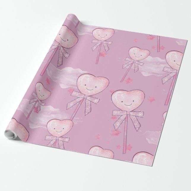 Kawaii Heart Lollipop Pattern - Pastel Lila Geschenkpapier (Ungerollt)
