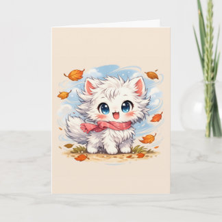 Kawaii Herbstwind-Kitty – Süße gemütliche Herbstka Karte