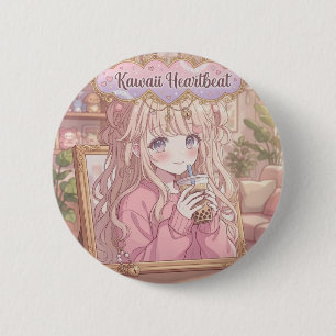 Kawaii Herzschlag Anime Mädchen Boba Tee Ästhetik Button