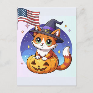 Kawaii-Hexenkatze Halloween-Kürbis Juli-Feier Feiertagspostkarte