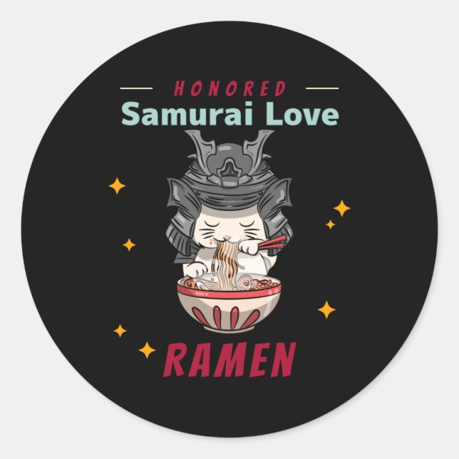 Kawaii Honoren Samurai Cat Eat Ramen Runder Aufkleber (Vorderseite)