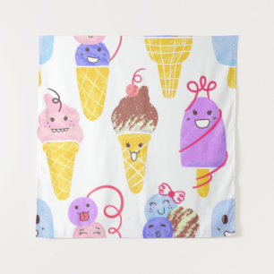 Kawaii Ice Creams Muster, Kawaii Character Ice Cr Wandteppich