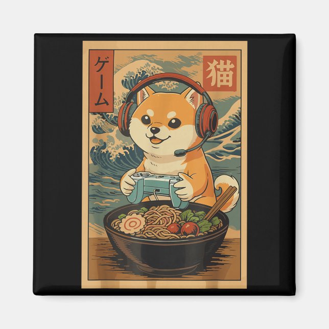 Kawaii Japanese Ramen Dog Retro Gaming Shirts For  Magnet (Vorne)