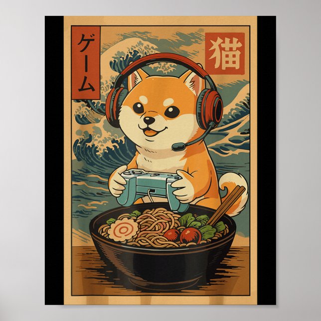 Kawaii Japanese Ramen Dog Retro Gaming Shirts For  Poster (Vorne)