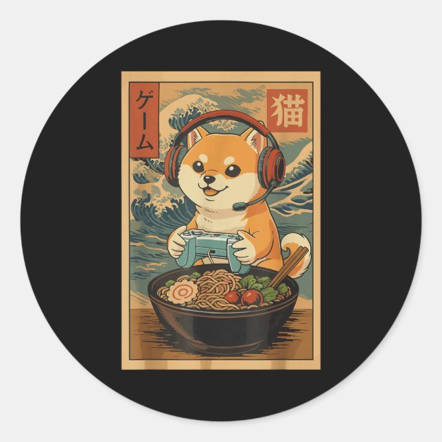 Kawaii Japanese Ramen Dog Retro Gaming Shirts For  Runder Aufkleber (Vorderseite)