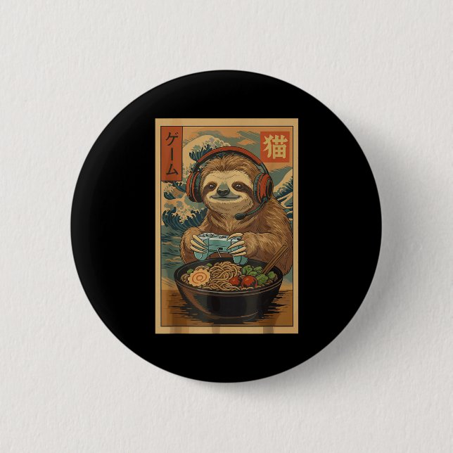 Kawaii Japanese Ramen Sloth Retro Gaming Shirts Fo Button (Vorderseite)