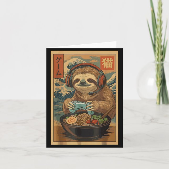 Kawaii Japanese Ramen Sloth Retro Gaming Shirts Fo Karte (Vorderseite)