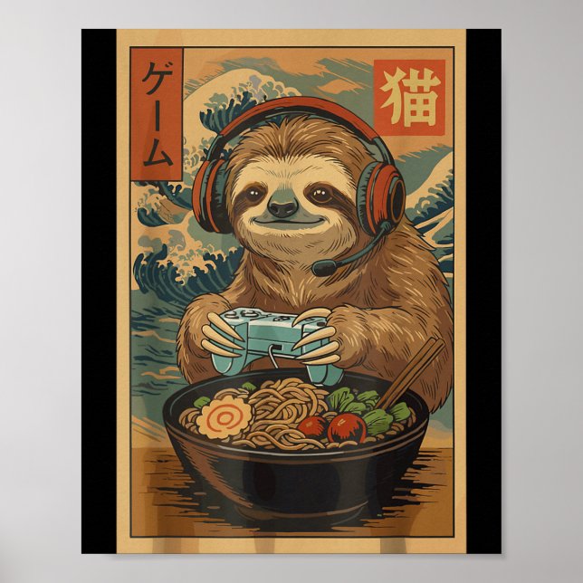 Kawaii Japanese Ramen Sloth Retro Gaming Shirts Fo Poster (Vorne)