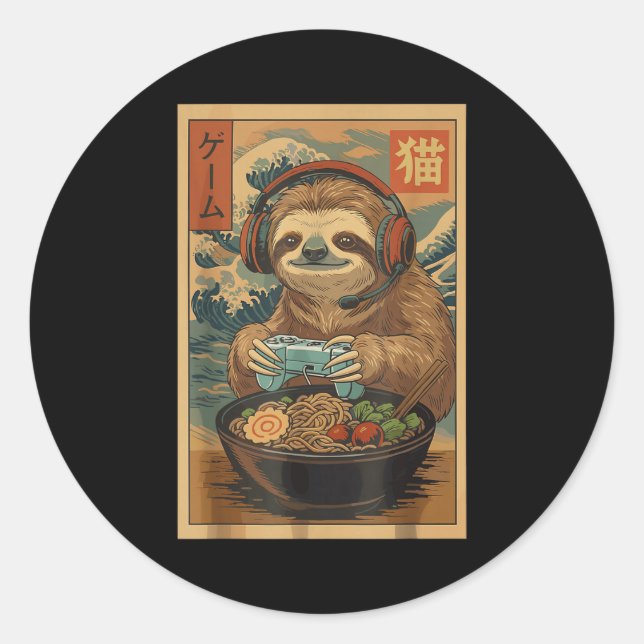 Kawaii Japanese Ramen Sloth Retro Gaming Shirts Fo Runder Aufkleber (Vorderseite)