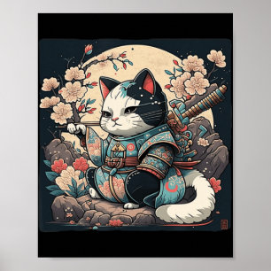 Kawaii Japanese Style Samurai Cat Kitten Anime  Poster