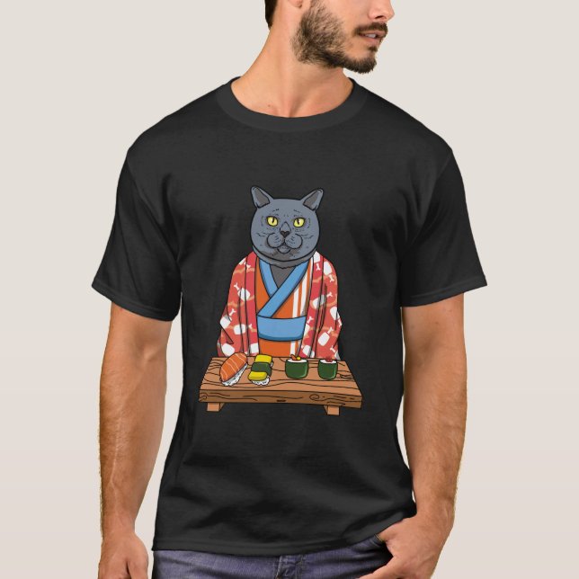 Kawaii Japanisch British Shorthair Cat Kimono Sush T-Shirt (Vorderseite)