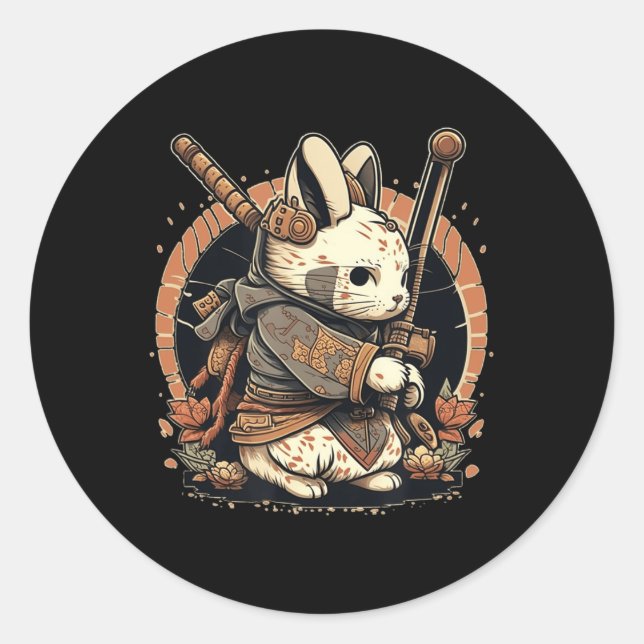Kawaii Japanisch Style Samurai Bunny Anime Runder Aufkleber (Vorderseite)