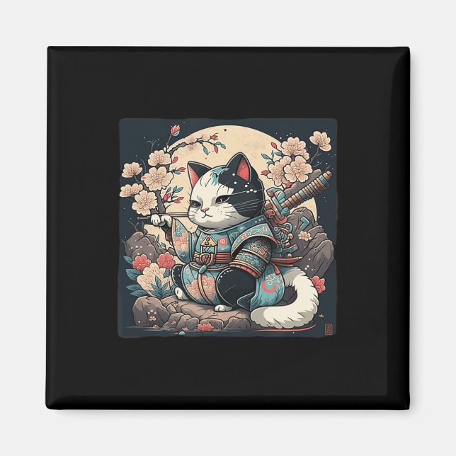Kawaii Japanisch Style Samurai Cat Kitten Anime Magnet (Vorne)
