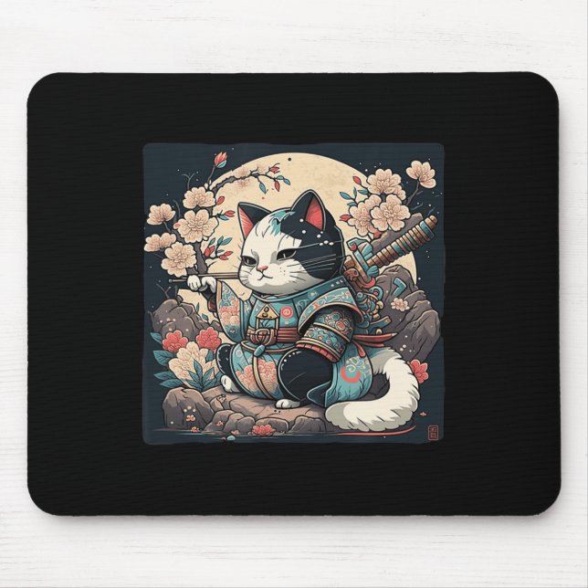 Kawaii Japanisch Style Samurai Cat Kitten Anime Mousepad (Vorne)