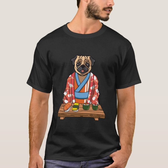 Kawaii Japanischer Mops Dog Kimono Sushi T-Shirt (Vorderseite)