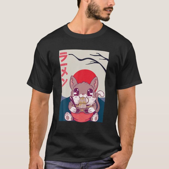 Kawaii Japanisches Eichhörnchen Cat Eat Ramen währ T-Shirt (Vorderseite)