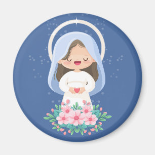 Kawaii Jungfrau Maria mit Herz und Blumen – Navy Magnet