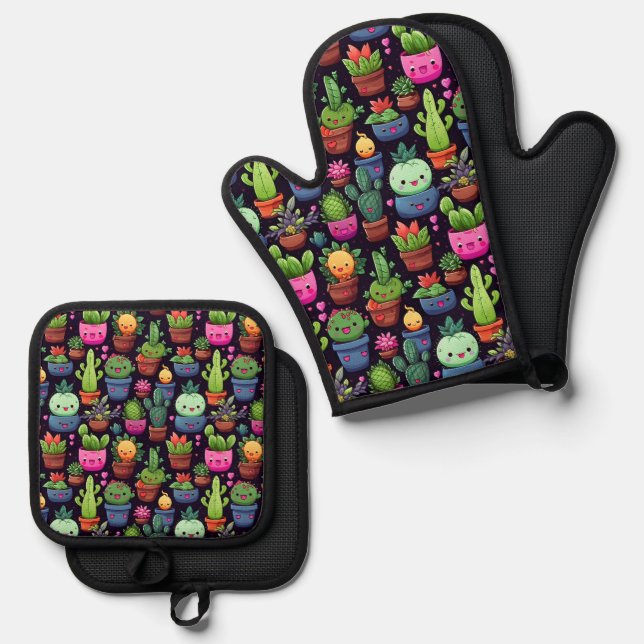 Kawaii Kaktus Ofenhandschuh Set (Vorderseite/Rückseite)