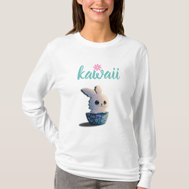 Kawaii Kaninchen in einer Schüssel mit Blume dekor T-Shirt (Vorderseite)