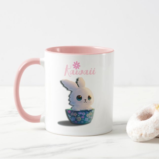 Kawaii Kaninchen in einer Schüssel mit Blume dekor Tasse (Mit Donut)