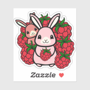 Kawaii-Kaninchen und rote Himbeeren - Fruchtige Sü Aufkleber