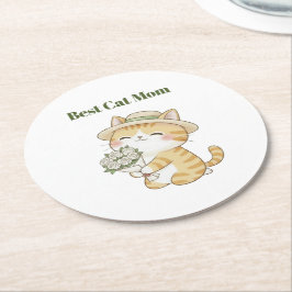 Kawaii-Katz-Gärtner-Rosenbouquet-Papieruntersetzer Runder Pappuntersetzer