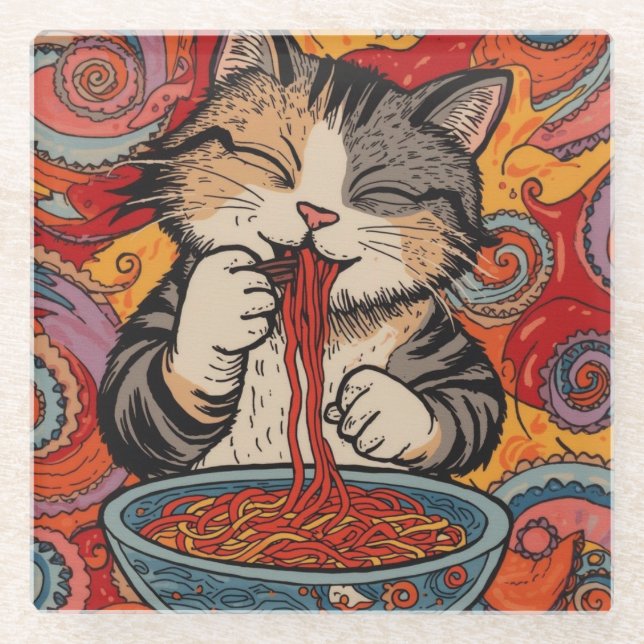 kawaii Katze, die Nudeln isst Glasuntersetzer (Vorderseite)
