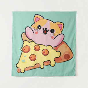 Kawaii-Katze, die Pepperoni-Pizza-Cartoon umarmt Wandteppich