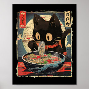 Kawaii-Katze, die Ramen-Nudeln isst, Vintage-Japan Poster
