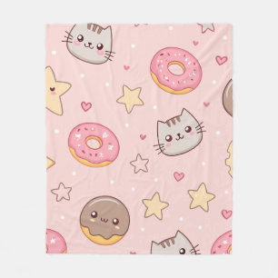 Kawaii-Katze, Donut- und Sternenmuster  Fleecedecke