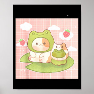 Kawaii-Katze-Frosch-Erdbeere-Retro-90er-Cottagecor Poster