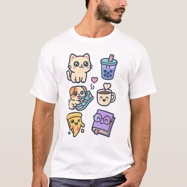 Kawaii Katze, Hunde und Lebensmittel Liebhaber Mug T-Shirt (Vorderseite)