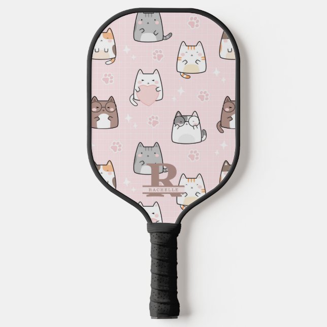 Kawaii Katze im rosa Hintergrund Pickleball Schläger (Vorderseite)