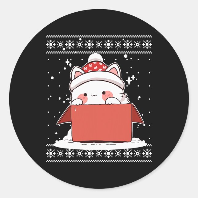 Kawaii Katze in einer Schachtel Weihnachten Niedli Runder Aufkleber (Vorderseite)