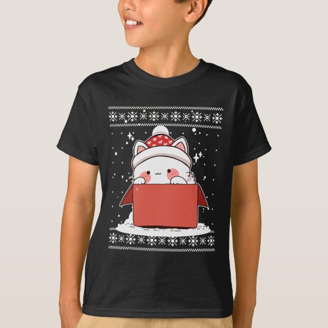 Kawaii Katze in einer Schachtel Weihnachten Niedli T-Shirt (Vorderseite)