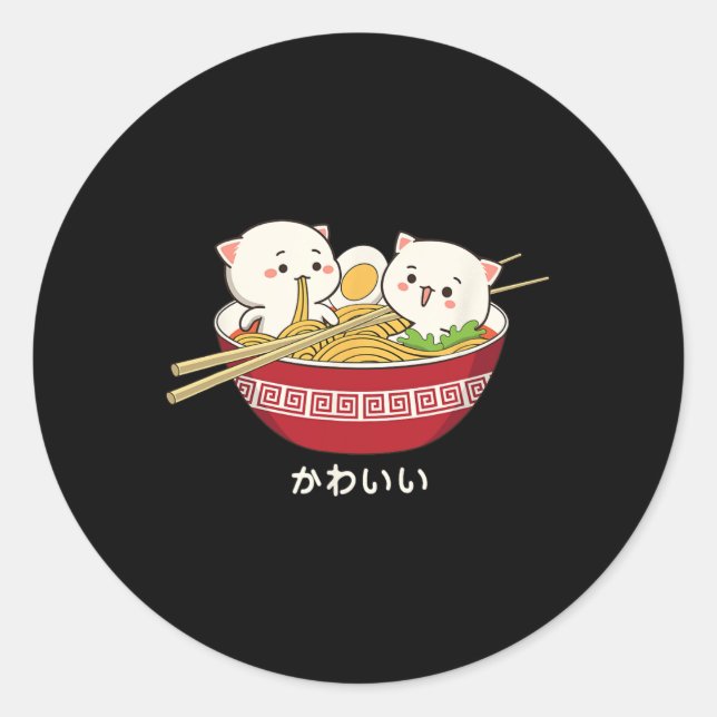 Kawaii Katze Japanisch Tokio Anime Cat Ramen T Shi Runder Aufkleber (Vorderseite)