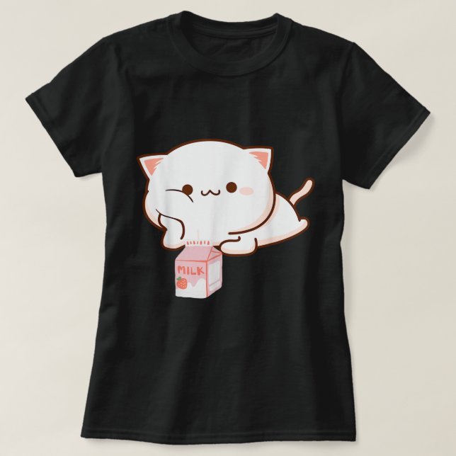 Kawaii-Katze mit Erdbeermilch T-Shirt (Design vorne)