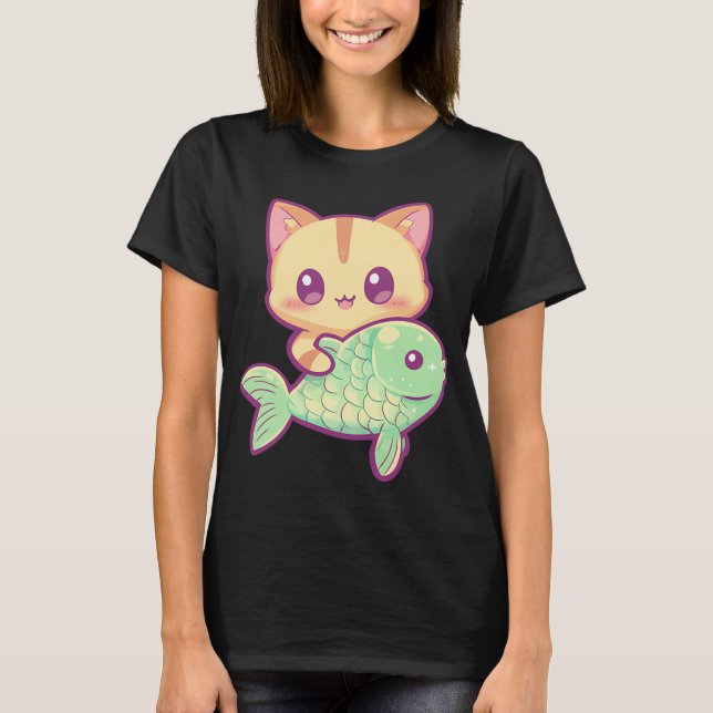 Kawaii-Katze mit Fisch T-Shirt (Vorderseite)