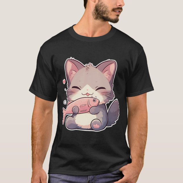Kawaii-Katze mit Fisch T-Shirt (Vorderseite)