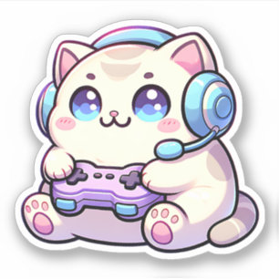 Kawaii Katze mit Game Controller Pastell Aufkleber
