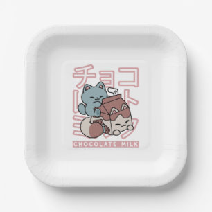 Kawaii-Katze mit Schokoladenmilch – Japanische Pop Pappteller