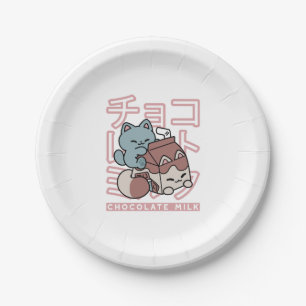 Kawaii-Katze mit Schokoladenmilch – Japanische Pop Pappteller