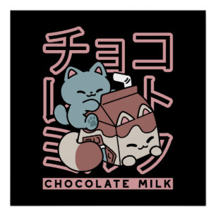 Kawaii-Katze mit Schokoladenmilch – Japanische Pop Poster