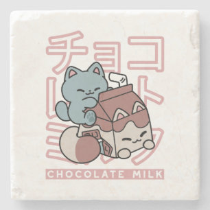 Kawaii-Katze mit Schokoladenmilch – Japanische Pop Steinuntersetzer