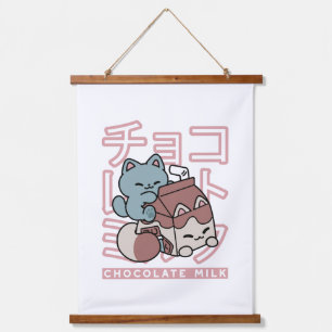 Kawaii-Katze mit Schokoladenmilch – Japanische Pop Wandteppich Mit Holzrahmen