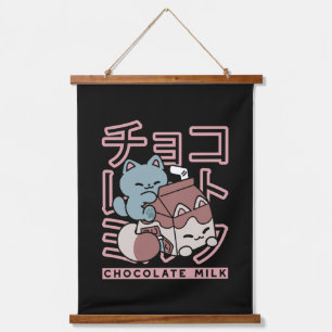 Kawaii-Katze mit Schokoladenmilch – Japanische Pop Wandteppich Mit Holzrahmen
