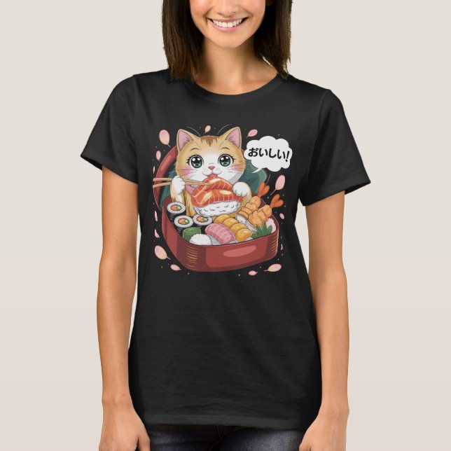 Kawaii Katze mit Sushi T-Shirt (Vorderseite)