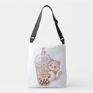 Kawaii Katze umarmt Bubble Milk Tea Süße Boba-Te Tragetaschen Mit Langen Trägern