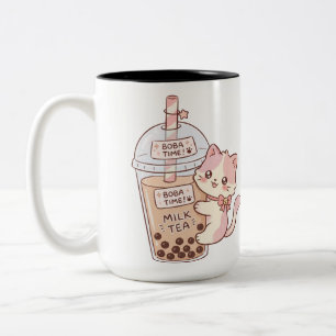 Kawaii Katze umarmt Bubble Milk Tea   Süße Boba-Te Zweifarbige Tasse