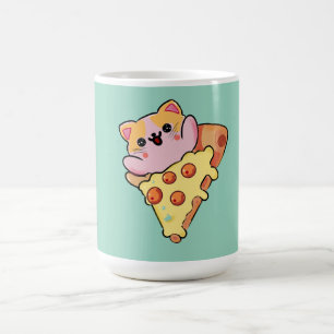 Kawaii-Katze-umarmt-Peperoni-Pizza-Cartoon Kaffeetasse